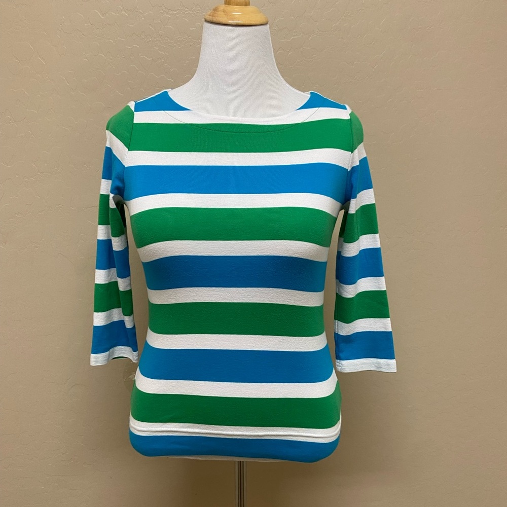 Lauren Ralph Lauren Striped Boatneck Top | Green Blue White | Medium | Zip Back